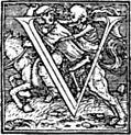 [picture: 62v.---Initial capital letter ``U'' from Dance of Death Alphabet]