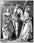 The Old year and the New: the jester crowns the new year as a young woman, and ushers out the old year, an old woman.