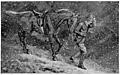 A man leads a horse through the snow, at night