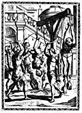 3.---Suspended by the thumbs, heavy stones being fastened to the feet; hung up over a slow fire and beaten