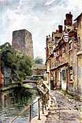 Fisher Row (narrow street by a canal) by the tower of Oxford Castle