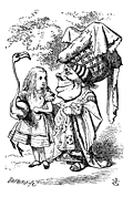 Alice (with flamingo) chats with the Duchess