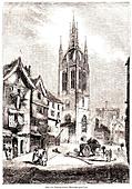 churches,towers,towns,people,clocks,windows,spires
