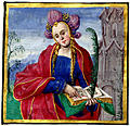 Miniature painting of a woman reading a music book
