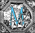 Historiated decorative initial capital letter M in Blue, from Italian Etchers of the Renaissance & Baroque (1989)