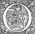 [picture: Decorative initial letter O with cherbus cooking soup]