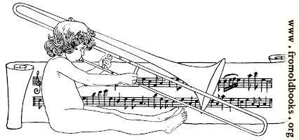 Drawing of naked child playing trombone with scroll of music