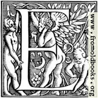 Decorative initial E with angel, woman and cherub