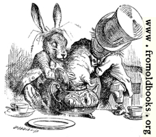 Mad Hatter and March Hare dunking the Dormouse