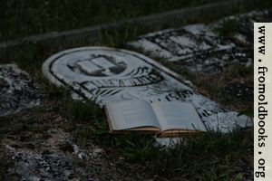Open poetry book on old grave
