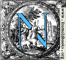 Historiated decorative initial capital letter N in Blue