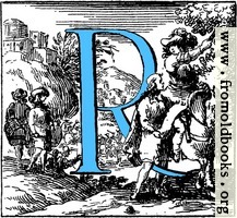 Historiated decorative initial capital letter R in Blue