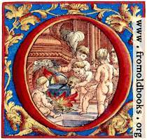 Decorative initial letter O with cherubs cooking soup (coloured version)